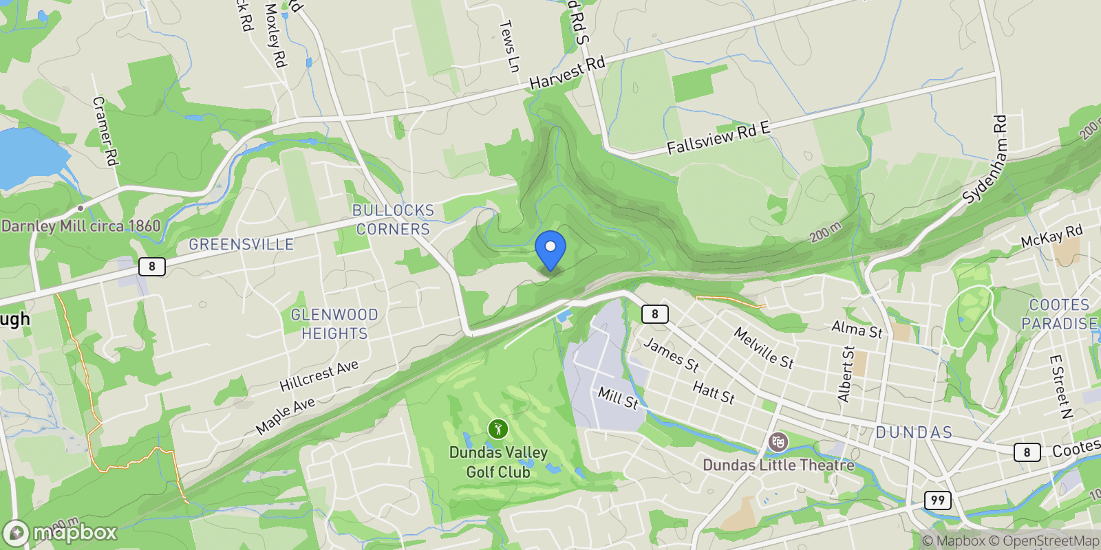 Map showing 1 Springhill St, Hamilton, ON L9H 4V2, Hamilton, Ontario, Canada.