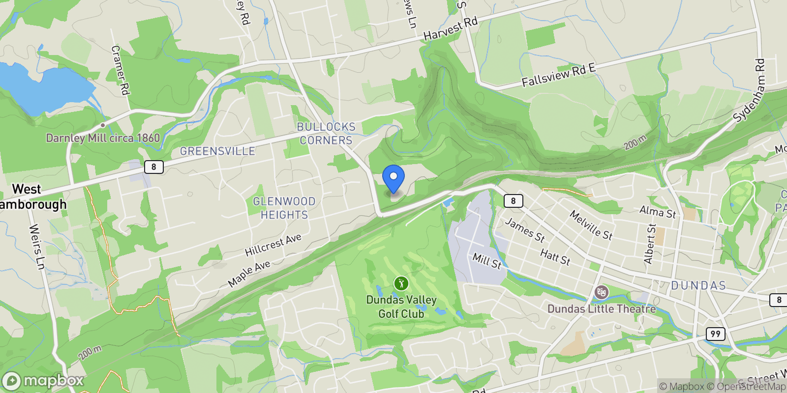 Map showing 1 Springhill Street, Dundas, ON L9H4V3, Hamilton, Ontario, Canada.