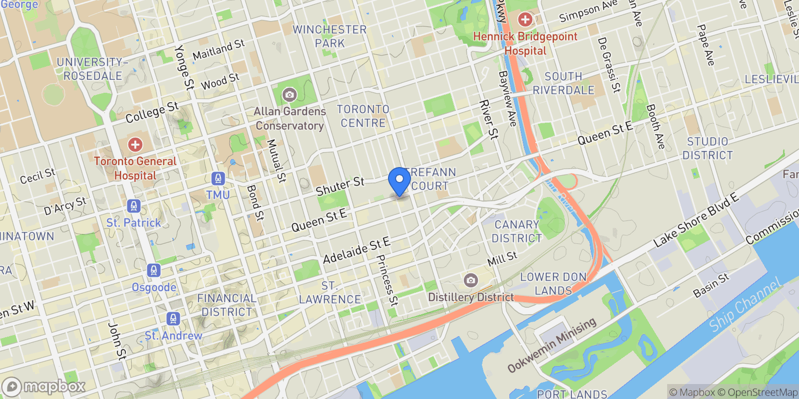 Map showing 323 Queen St E 1a, Toronto, Ontario, Canada.