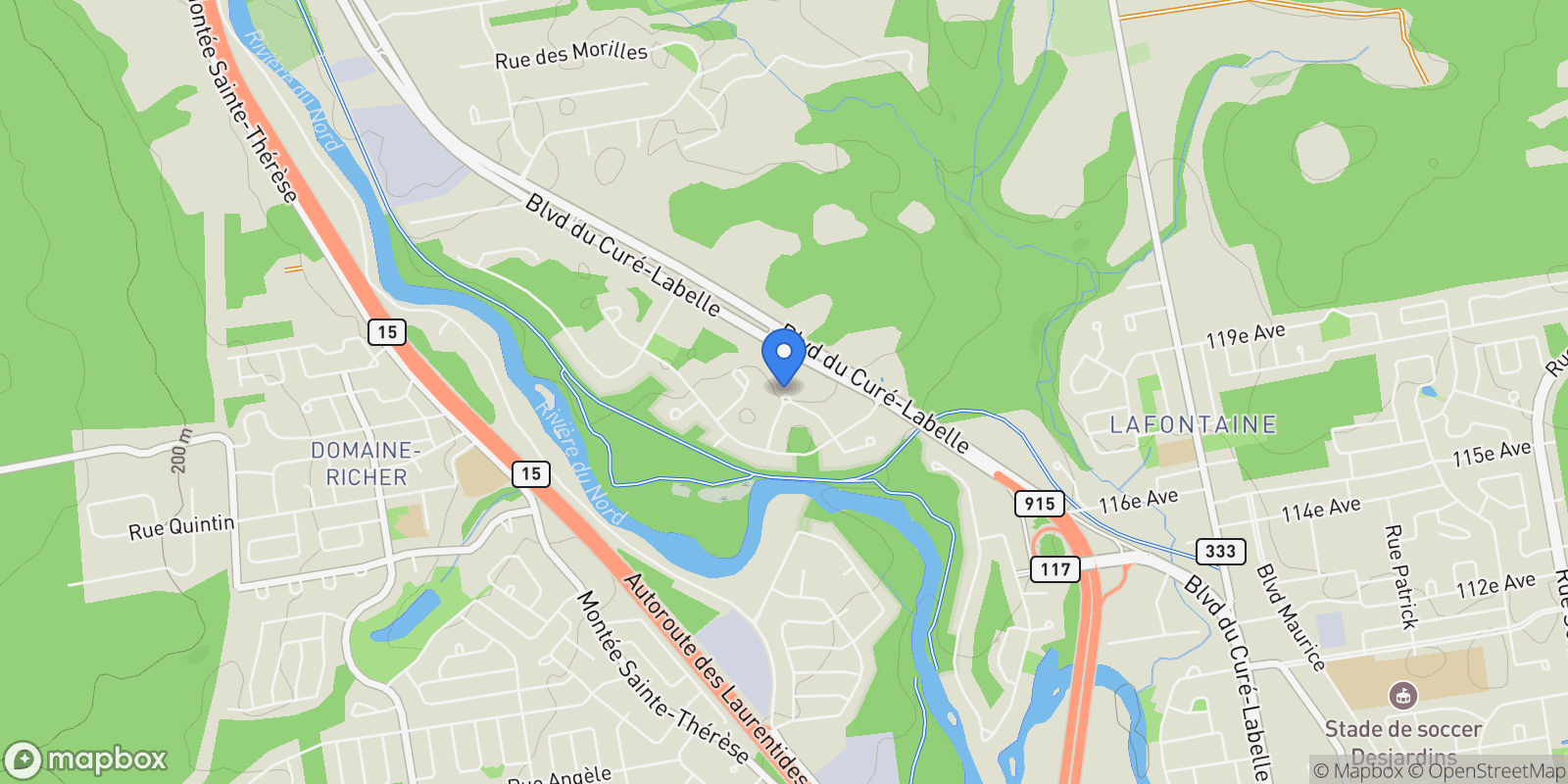 Map showing 129 Rue des Cascades, Saint-Jérôme, QC J7Y4Z4, Saint-Jérôme, Quebec, Canada.