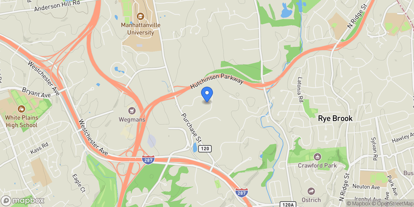 Map showing 10 Meadow Lane, Purchase, NY 10577, Harrison, New York, United States.