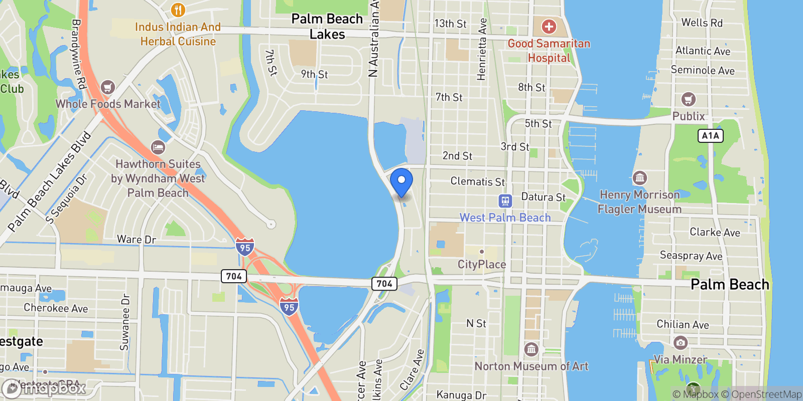 Map showing 300 S Australian Ave, West Palm Beach, Florida, United States.