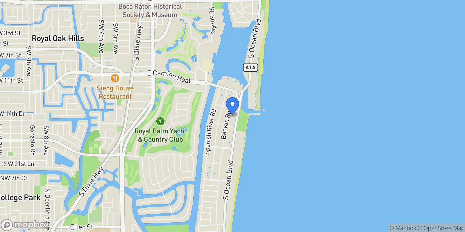Map showing 1111 S Ocean Boulevard, Boca Raton, Florida, United States.
