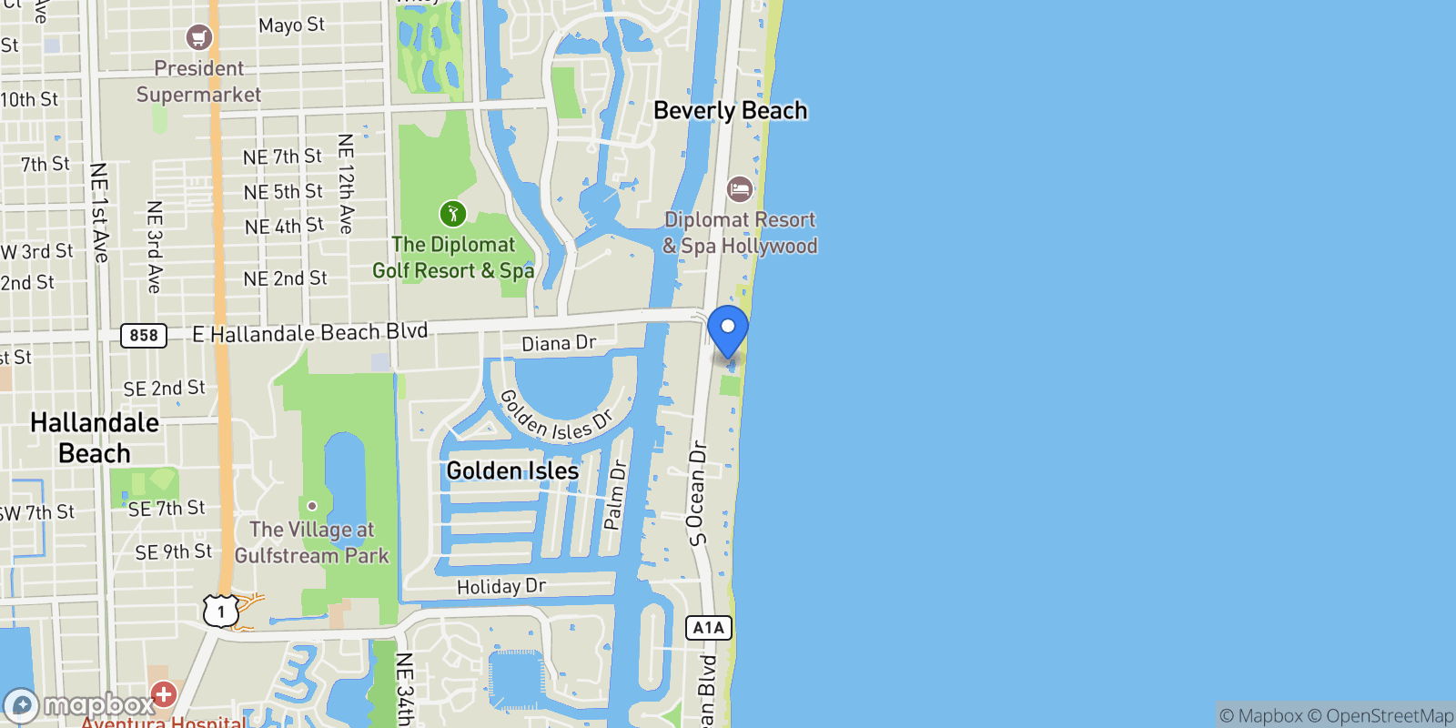 Map showing 1850 S Ocean Dr, #PH4405, Hallandale Beach, FL, 33009, USA, Hallandale Beach, Florida, United States.
