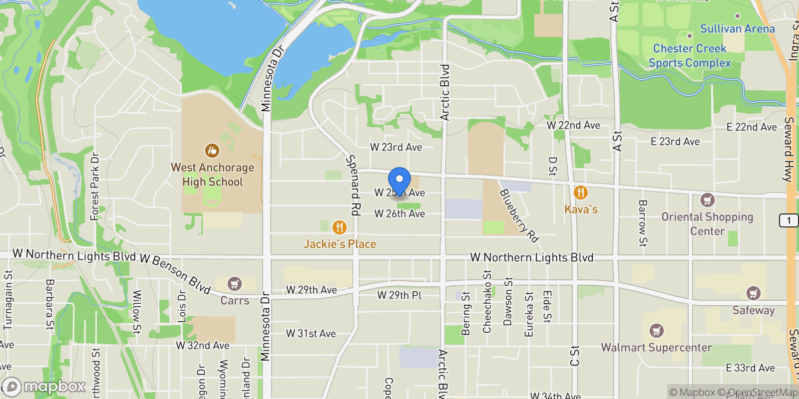 Map showing 1016 W 25th Avenue, Anchorage, AK 99503, Anchorage, Alaska, United States.