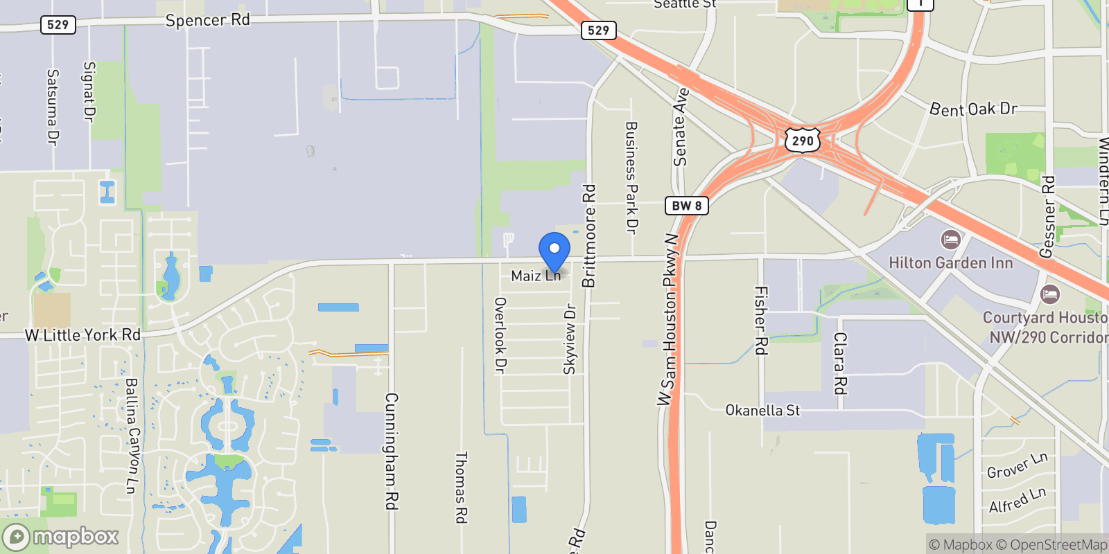 Map showing 11023 Maize Lane, Houston, TX 77041, Houston, Texas, United States.