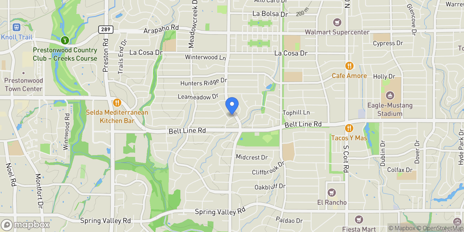 Map showing 14909 Hillcrest Road, Dallas, Texas, United States.