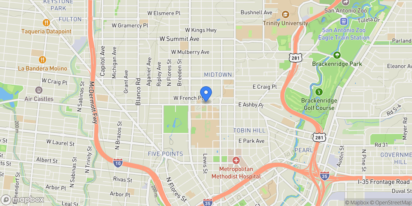 Map showing 305 W Ashby, San Antonio, TX 78212, San Antonio, Texas, United States.