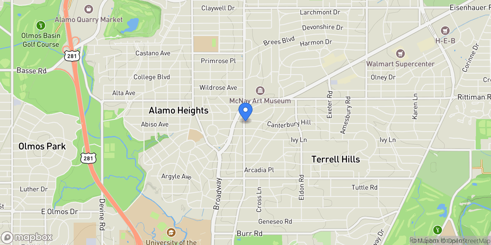Map showing 100 Canterbury Hill, Terrell Hills, TX 78209, San Antonio, Texas, United States.