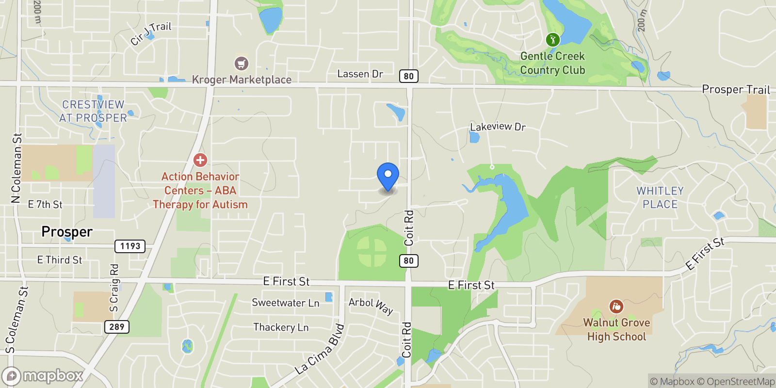Map showing 2251 Country Brook Lane, Prosper, TX 75078, Prosper, Texas, United States.