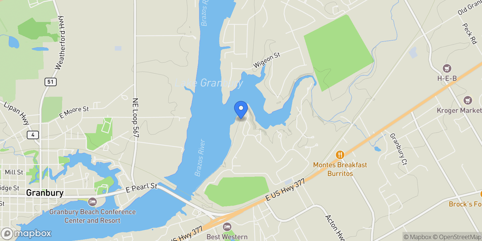 Map showing 2023 Cordova Circle, Granbury, TX 76049, Granbury, Texas, United States.