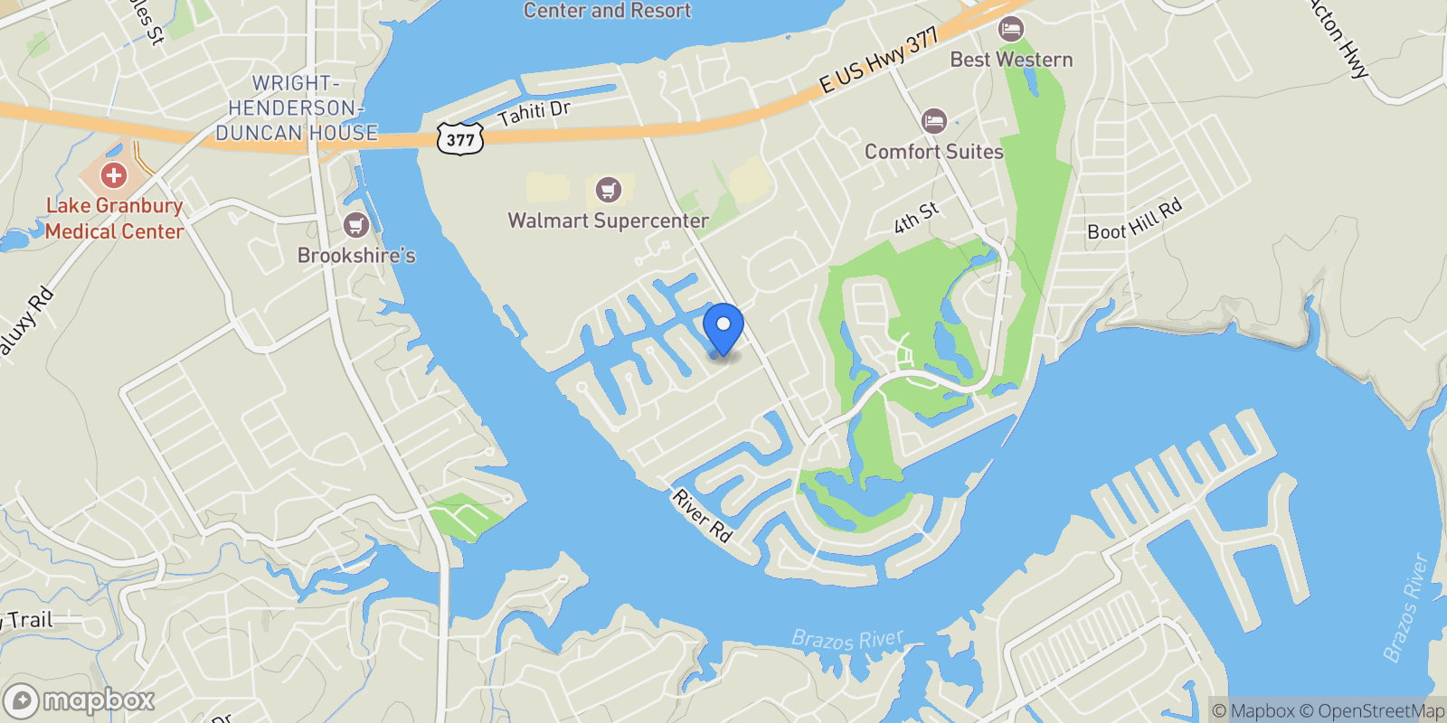 Map showing 1209 Catalina Bay Boulevard, Granbury, TX 76048, Granbury, Texas, United States.