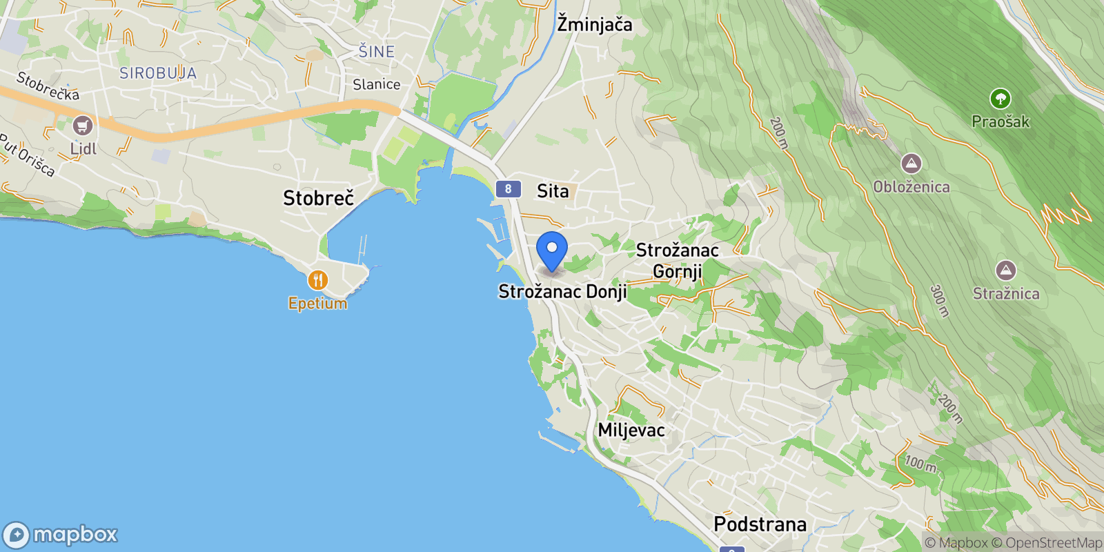 Map showing Strozanac Donji, Split-Dalmatia County, Croatia.