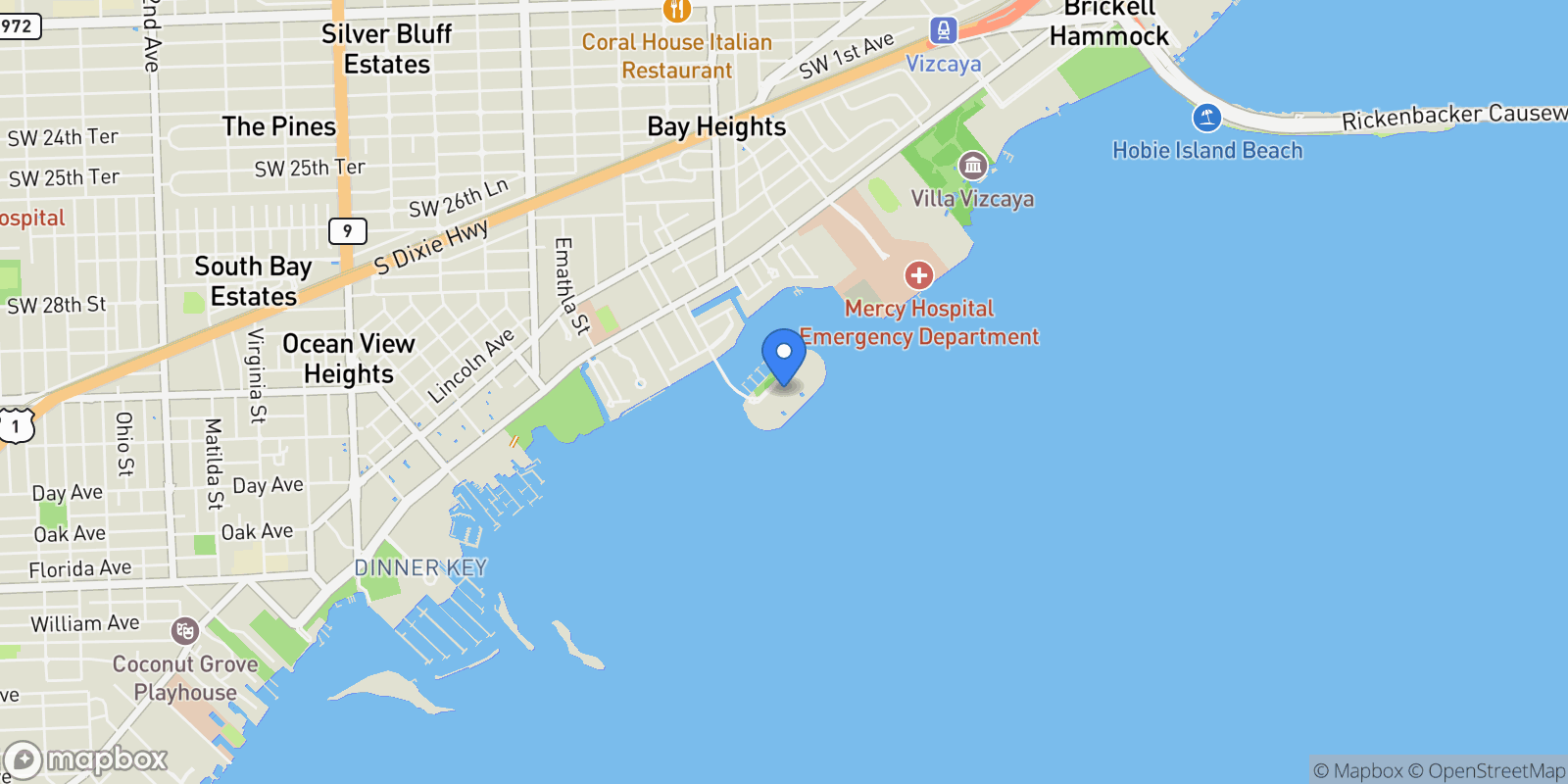 Map showing 3 Grove Isle Dr C1108, Miami, Florida, United States.