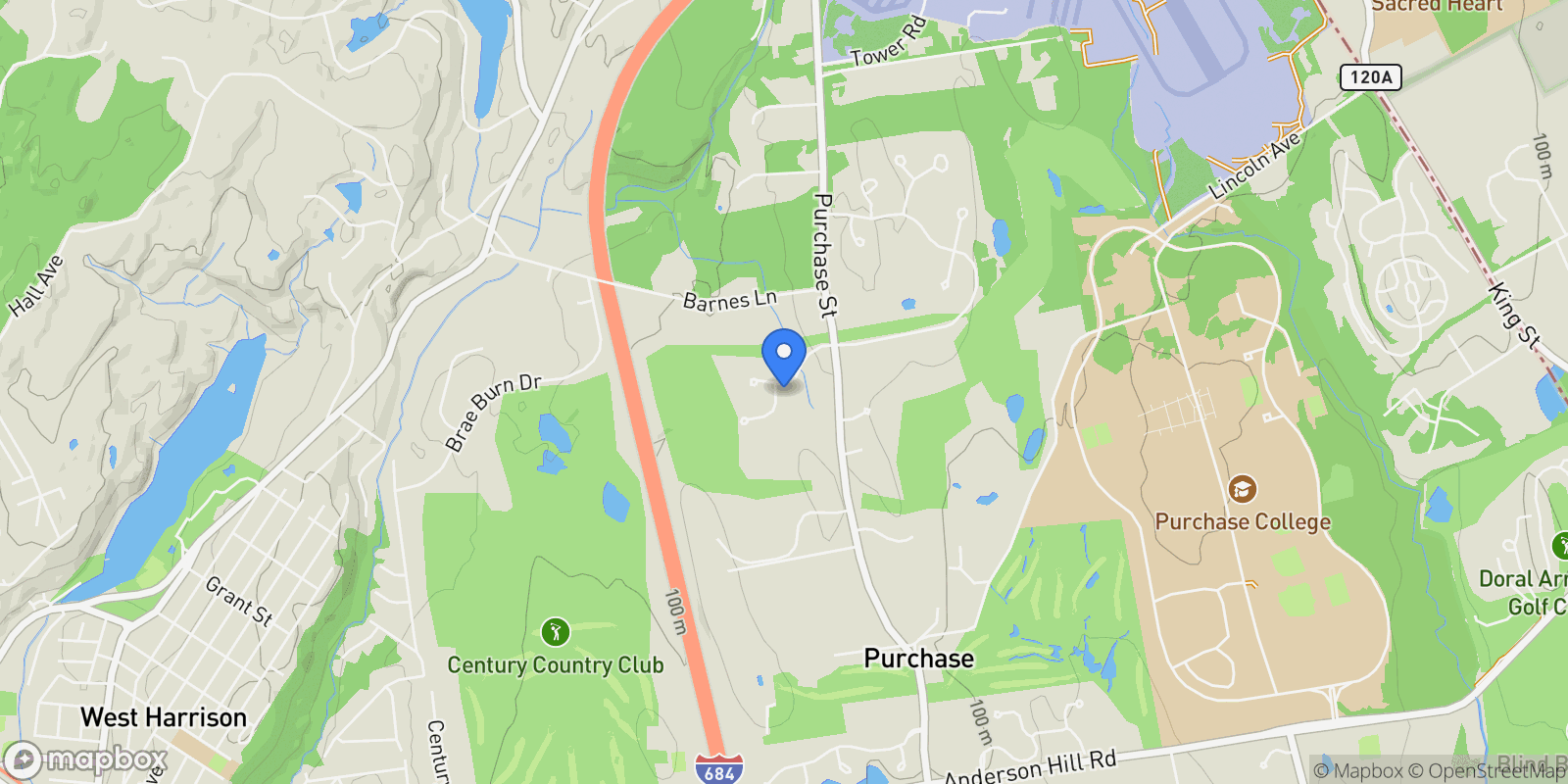 Map showing 1 Cedar Lane, Purchase, NY 10577, Harrison, New York, United States.