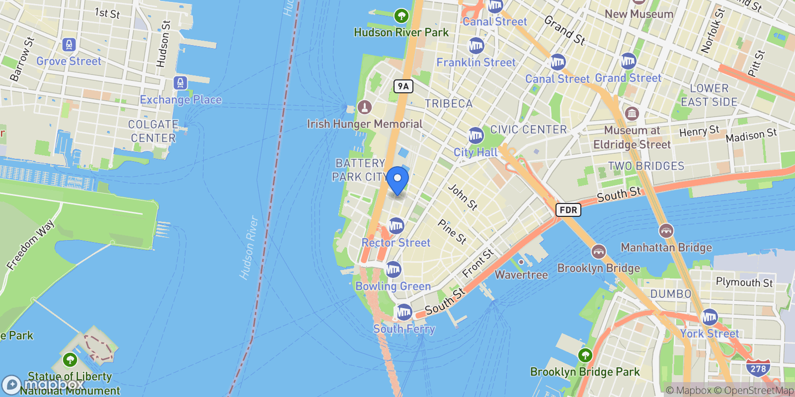 Map showing W Downtown Hotel & Residences, 123 WASHINGTON ST, New York, New York, United States.