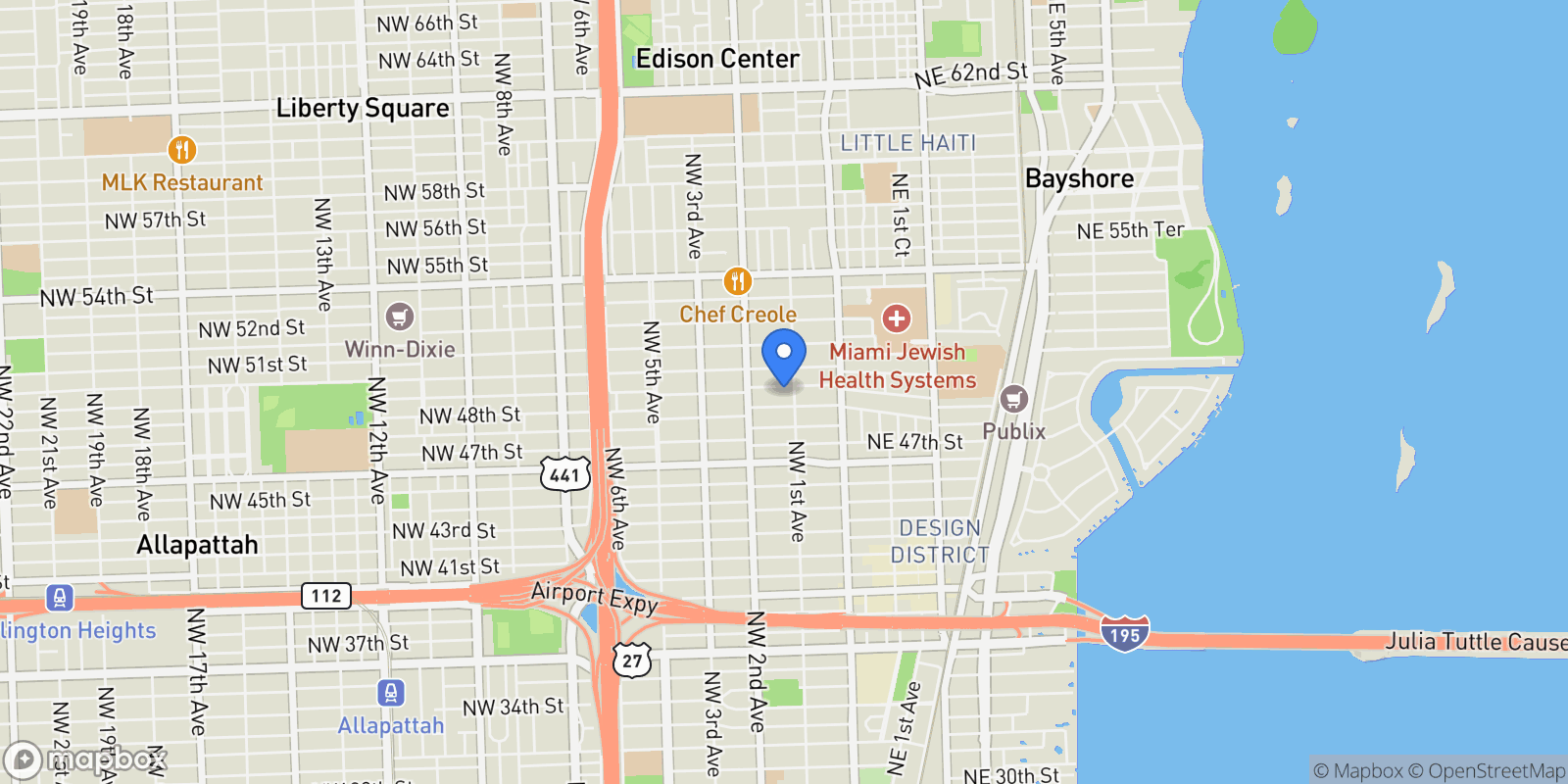 Map showing 120 NW 49th St, Miami, Florida, United States.