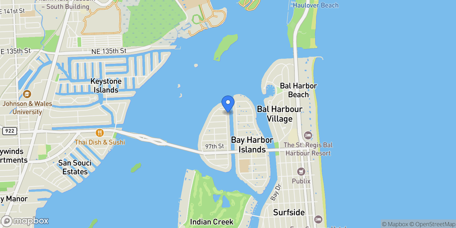 Map showing 10201 E Broadview Dr, Bal Harbour, Florida, United States.