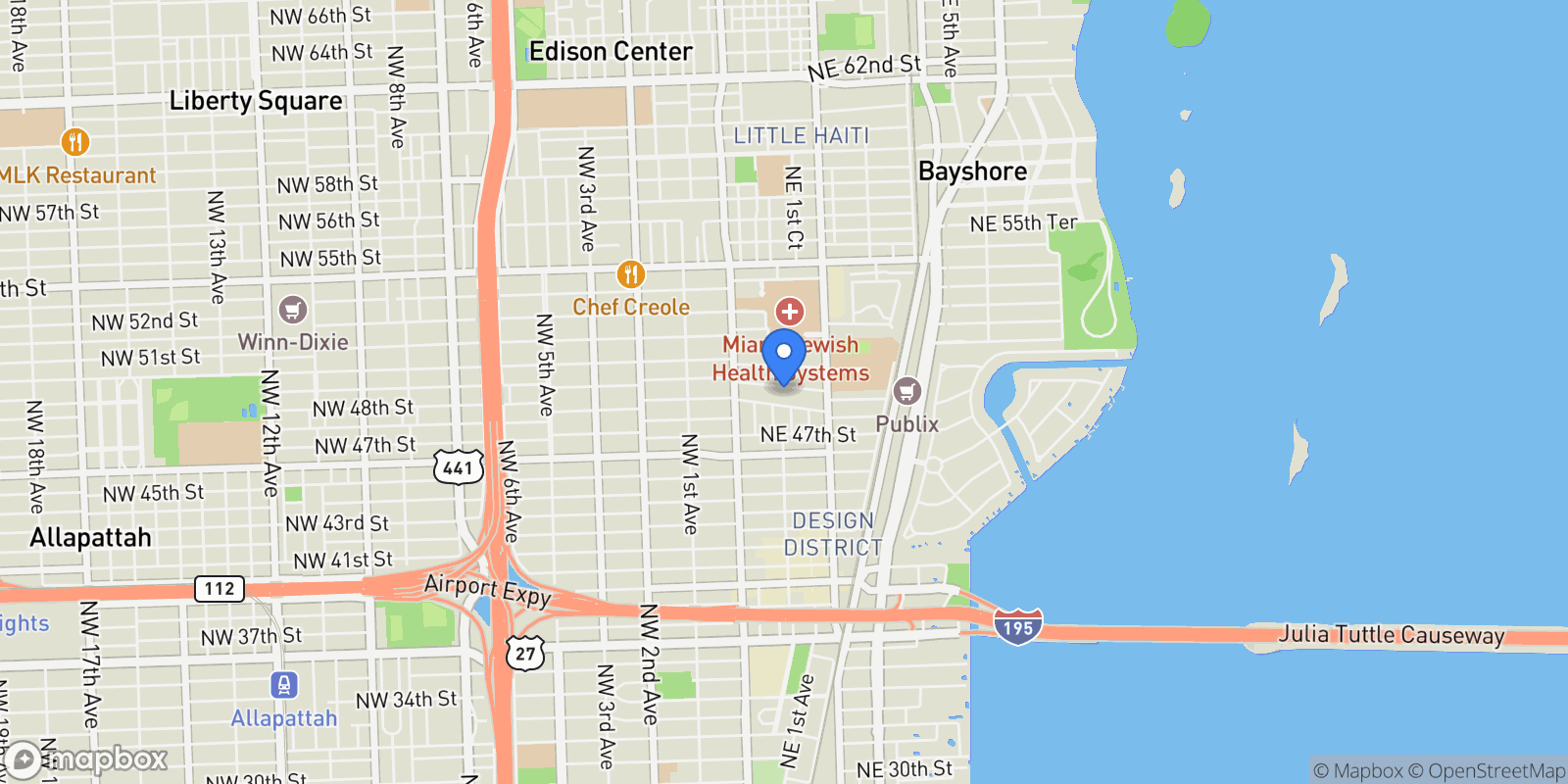 Map showing 120 NE 49th St, Miami, Florida, United States.