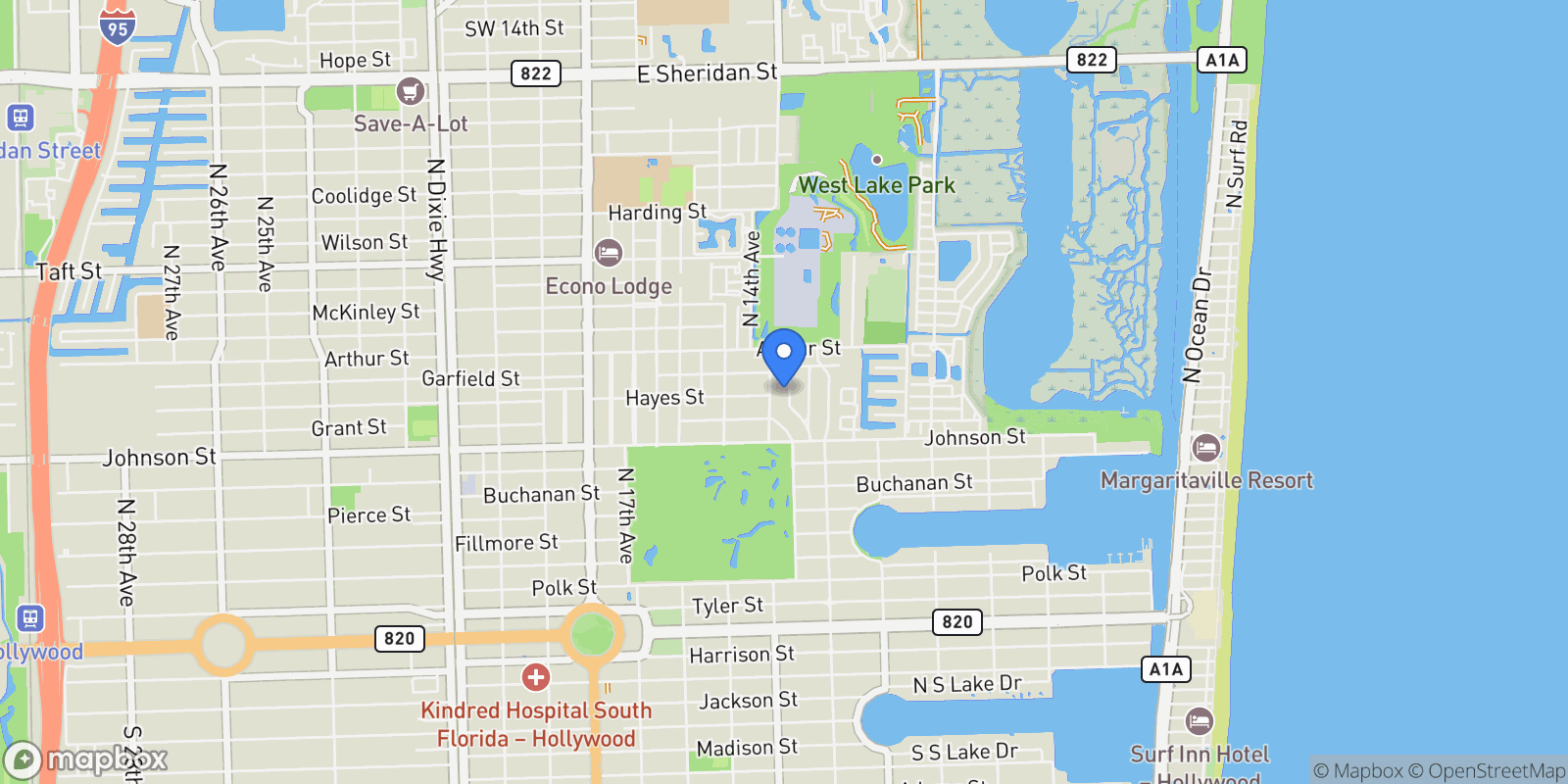 Map showing 1104 N 13th Ter, Hollywood, Florida, United States.