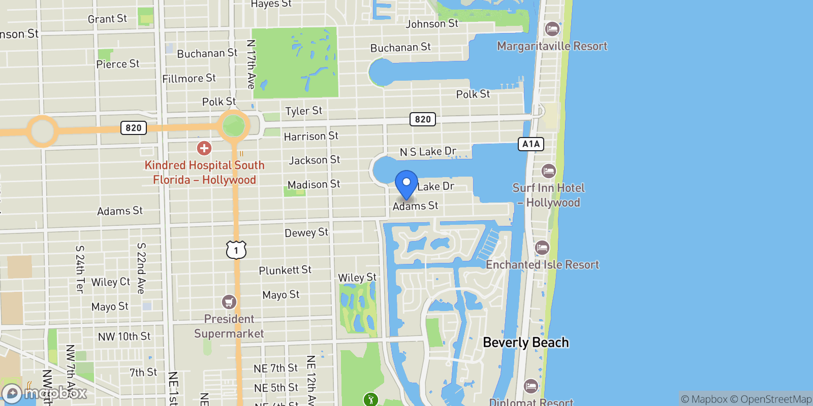 Map showing 1117 Adams St, Hollywood, Florida, United States.