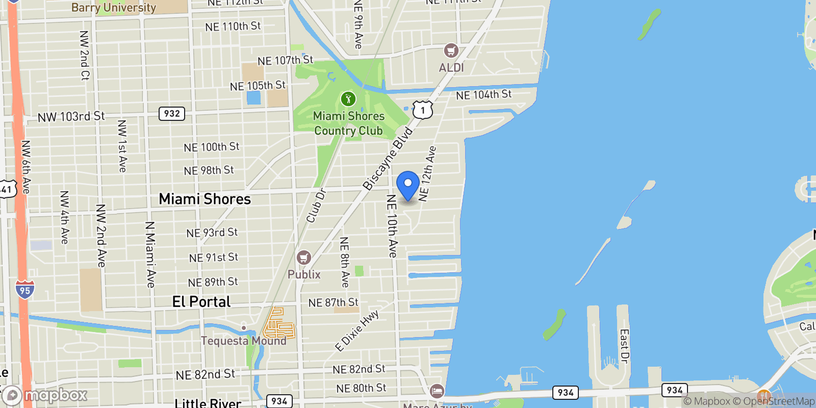 Map showing 1060 NE 95th St, Miami, Florida, United States.