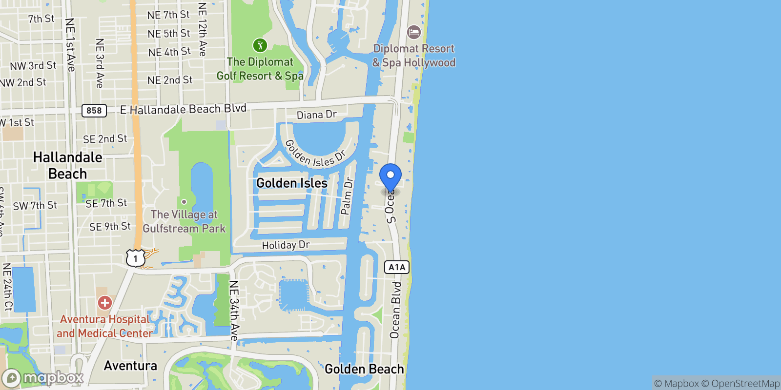 Map showing 2000 S Ocean Dr 28A, Hallandale Beach, Florida, United States.