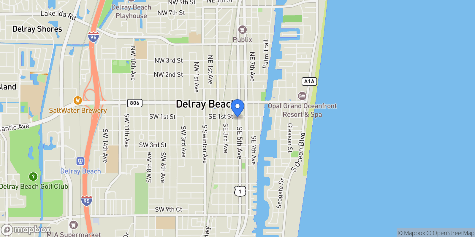 Map showing 102 SE 5th Avenue, Delray Beach, Florida, United States.