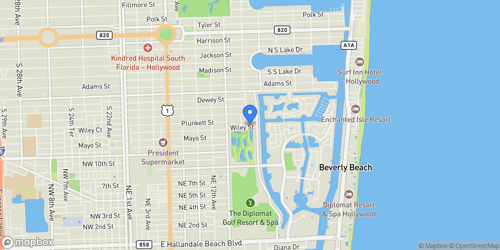 Map showing 1245 Wiley St, Hollywood, Florida, United States.