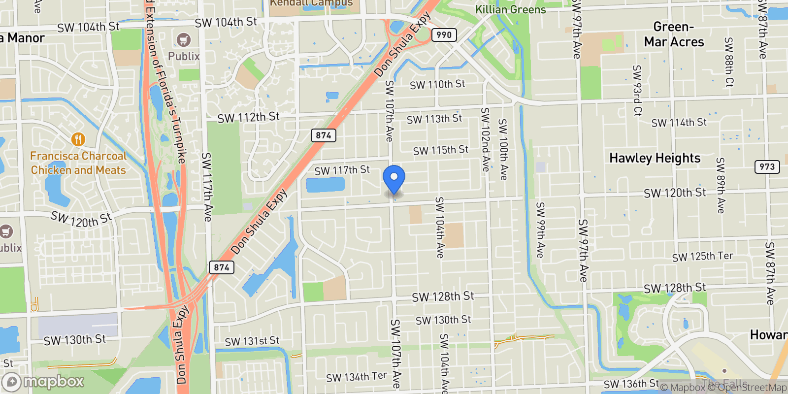 Map showing 11905 SW 107th Ave, Miami, Florida, United States.
