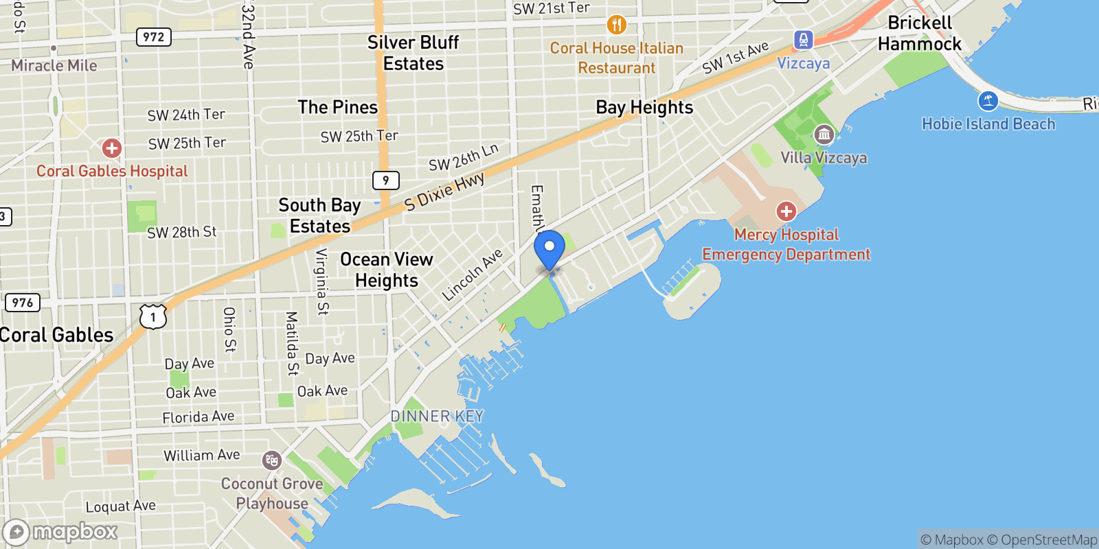 Map showing 2120 S Bayshore Dr, Miami, Florida, United States.