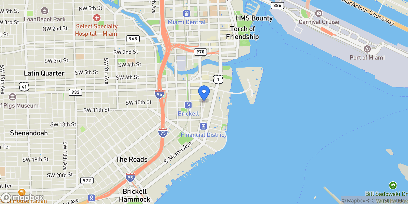 Map showing 1000 Brickell Plz 3401, Miami, Florida, United States.