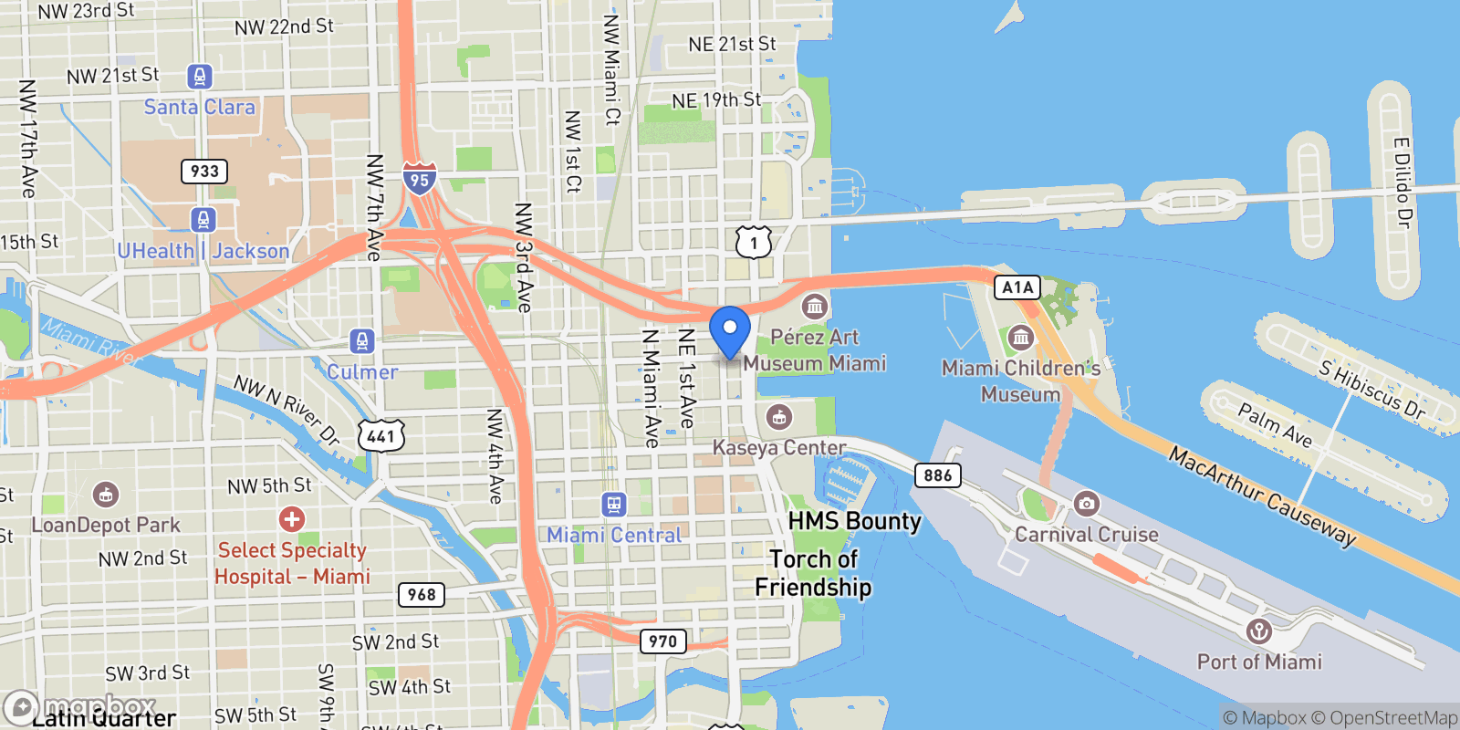 Map showing 900 Biscayne Blvd 3502, Miami, Florida, United States.