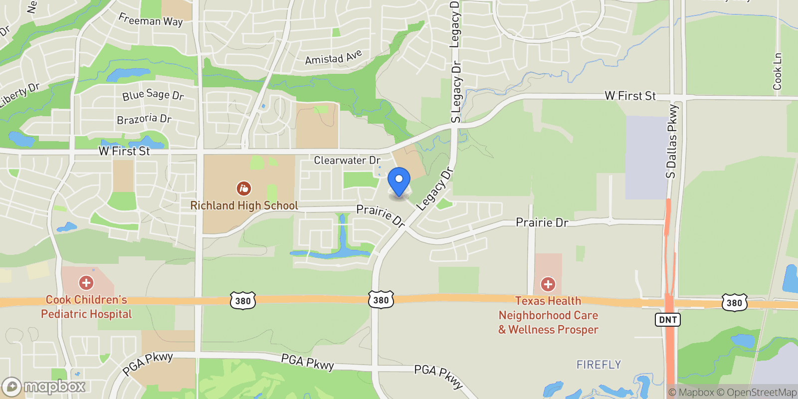 Map showing 890 NE Stanley Street, Prosper, Texas, United States.