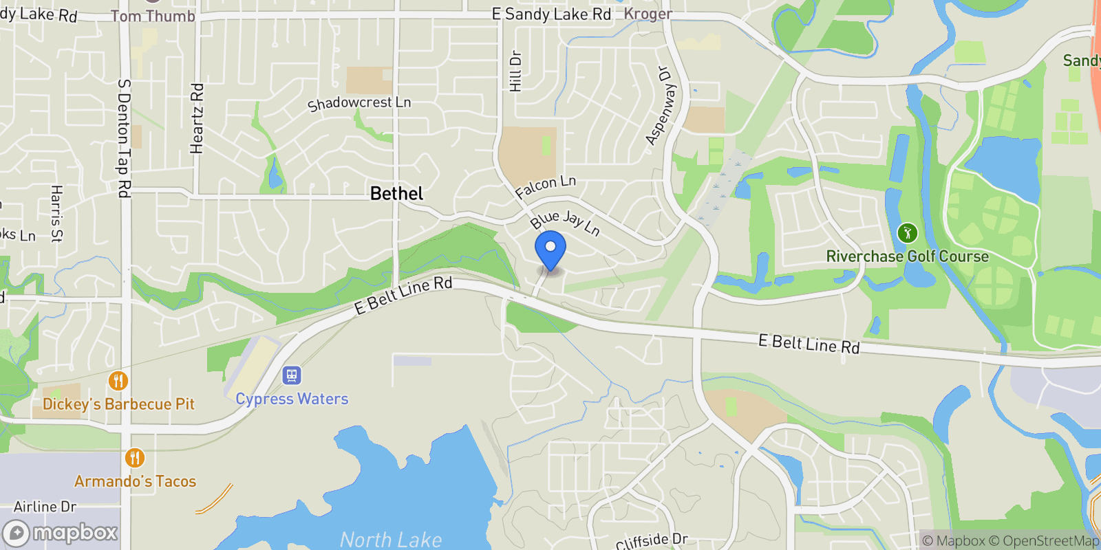 Map showing 702 Mockingbird Lane, Coppell, Texas, United States.