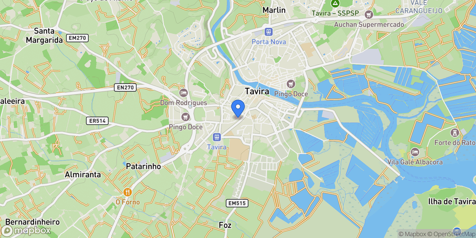 Map showing Tavira (Santa Maria e Santiago), Algarve, Portugal.