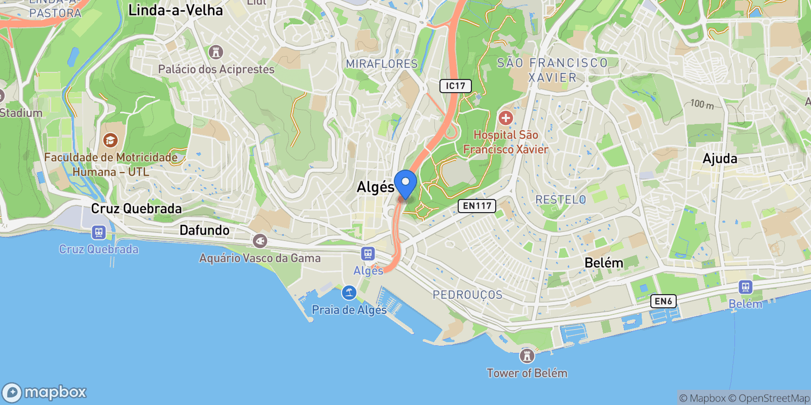 Map showing Belem, Lisbon, Portugal.
