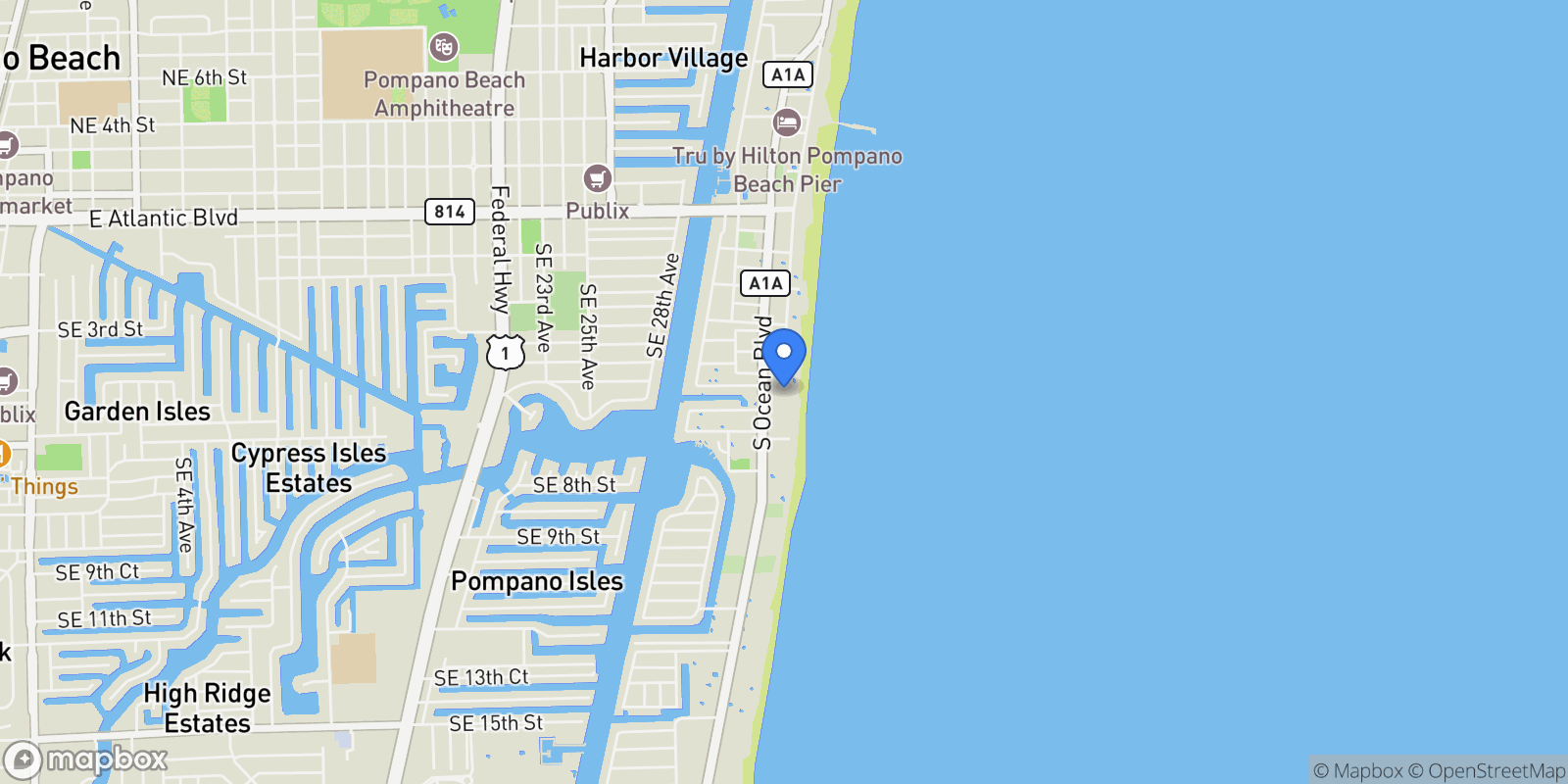 Map showing 1010 S Ocean Boulevard, Hillsboro Beach, Florida, United States.