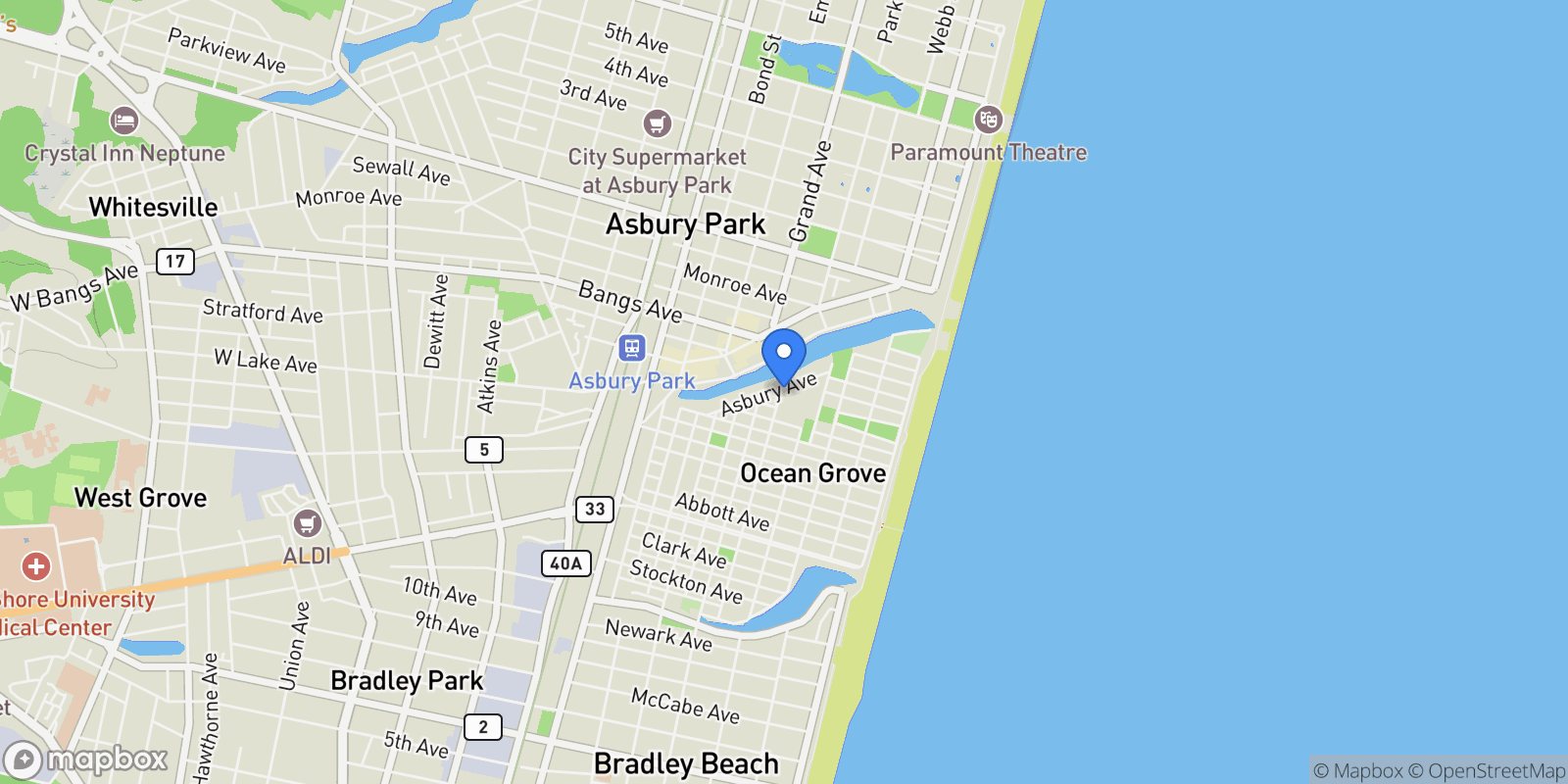 Map showing 12 New York Ave Ave, Ocean Grove, NJ 07756, 07756, New Jersey, United States.