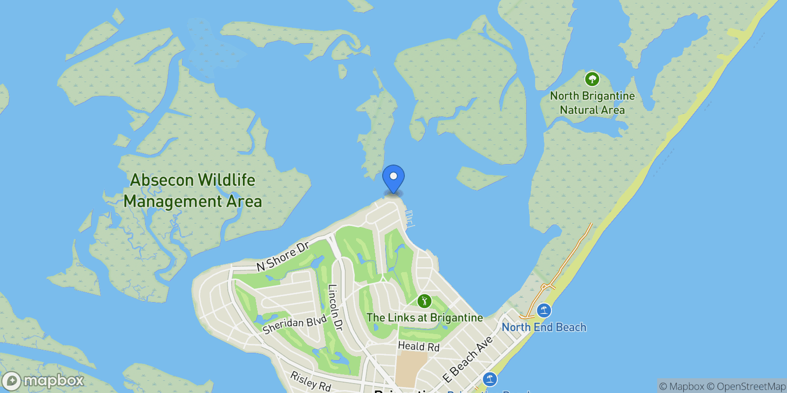 Map showing 1411 E Shore Drive, Brigantine, NJ 08203, Brigantine, New Jersey, United States.