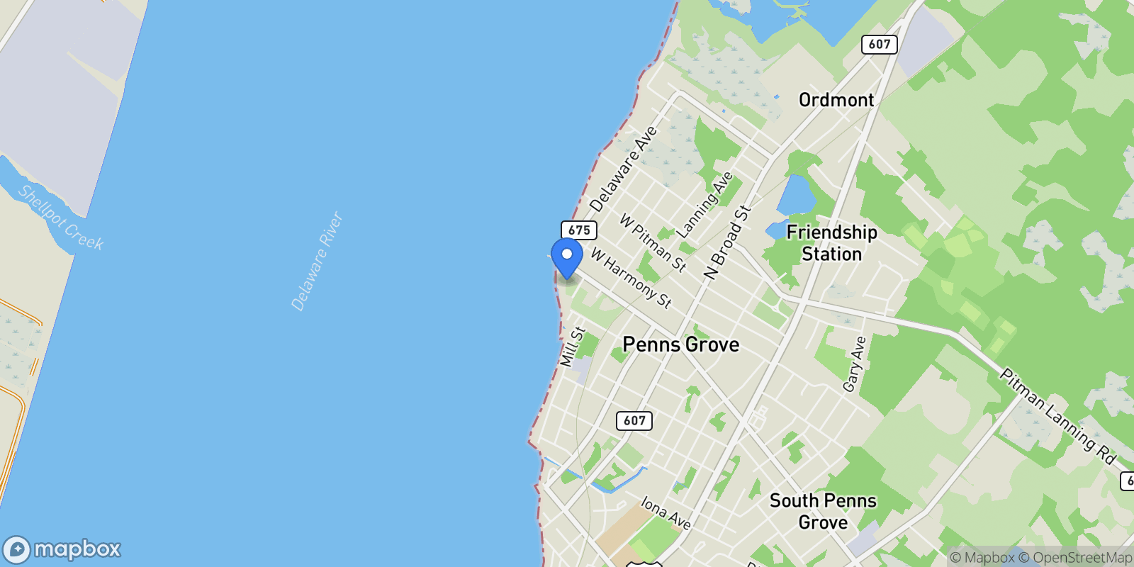 Map showing W MAIN STREET AND DELAWARE AVE, PENNS GROVE, NJ 08069, Penns Grove, New Jersey, United States.