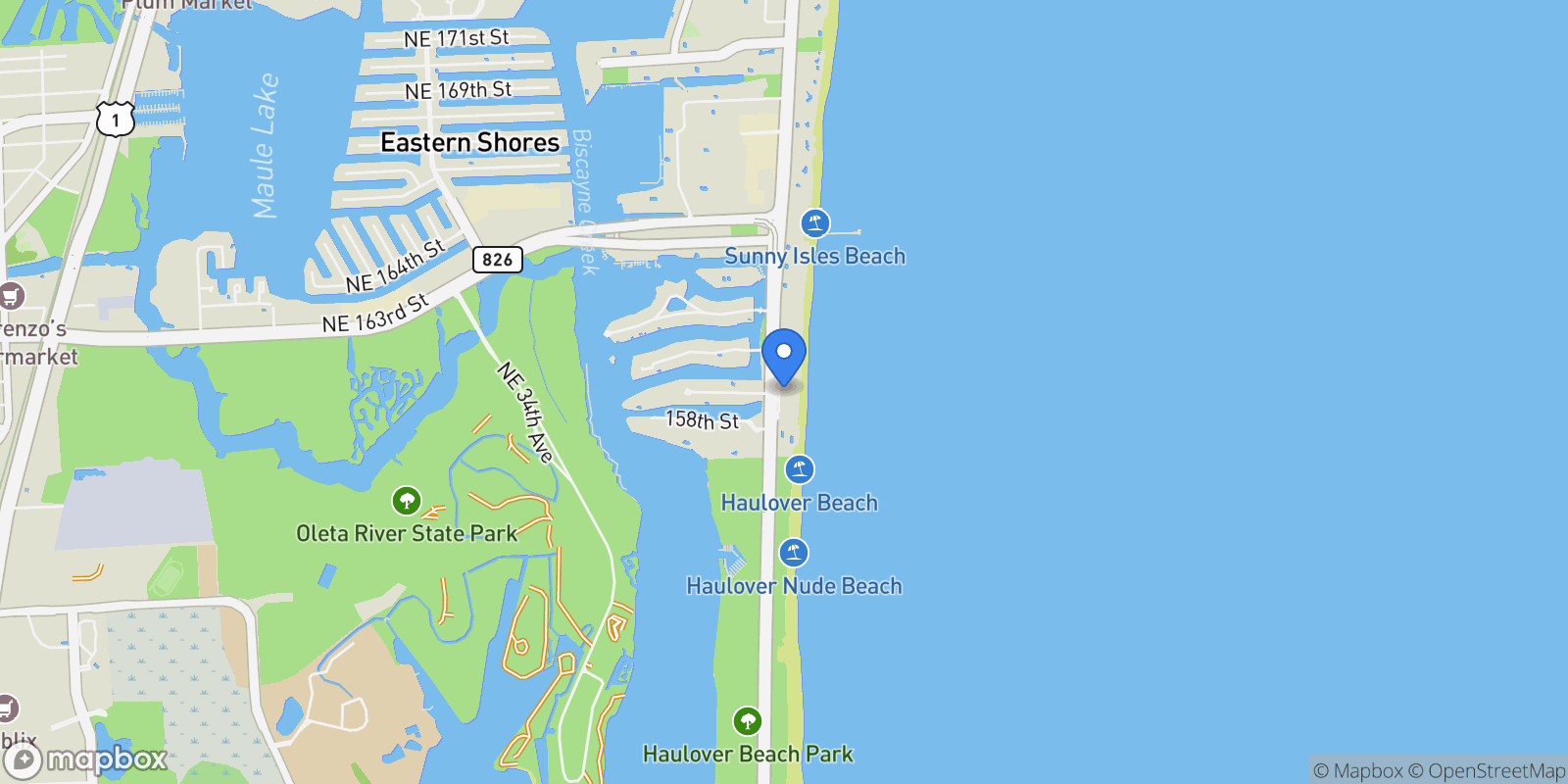 Map showing 16001 Collins Ave Unit# 805, Sunny Isles Beach, FL 33160, Golden Beach, Florida, United States.