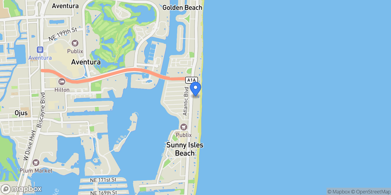 Map showing 18911 Collins Ave Unit# 1901, Sunny Isles Beach, FL 33160, Golden Beach, Florida, United States.