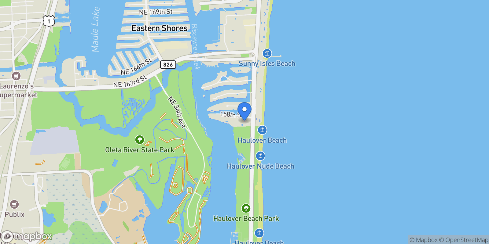 Map showing 100 Bayview Dr Unit# 1905, Sunny Isles Beach, FL 33160, Golden Beach, Florida, United States.