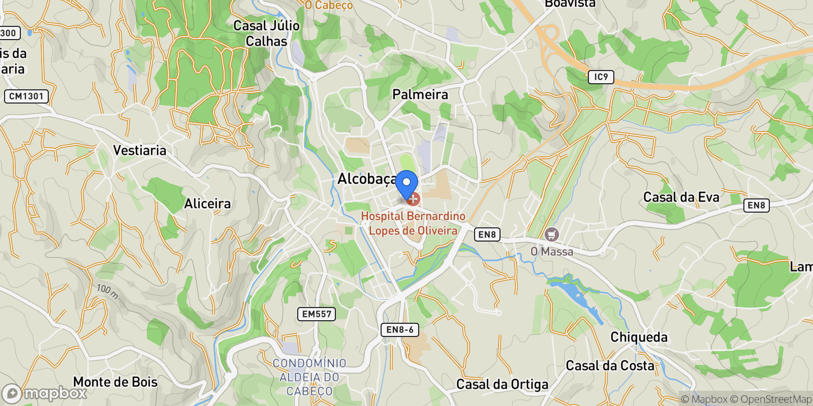 Map showing Coz, Alpedriz e Montes, Alcobaça, Leiria, Alcobaça, Alcobaca e Vestiaria, Leiria District, Portugal.