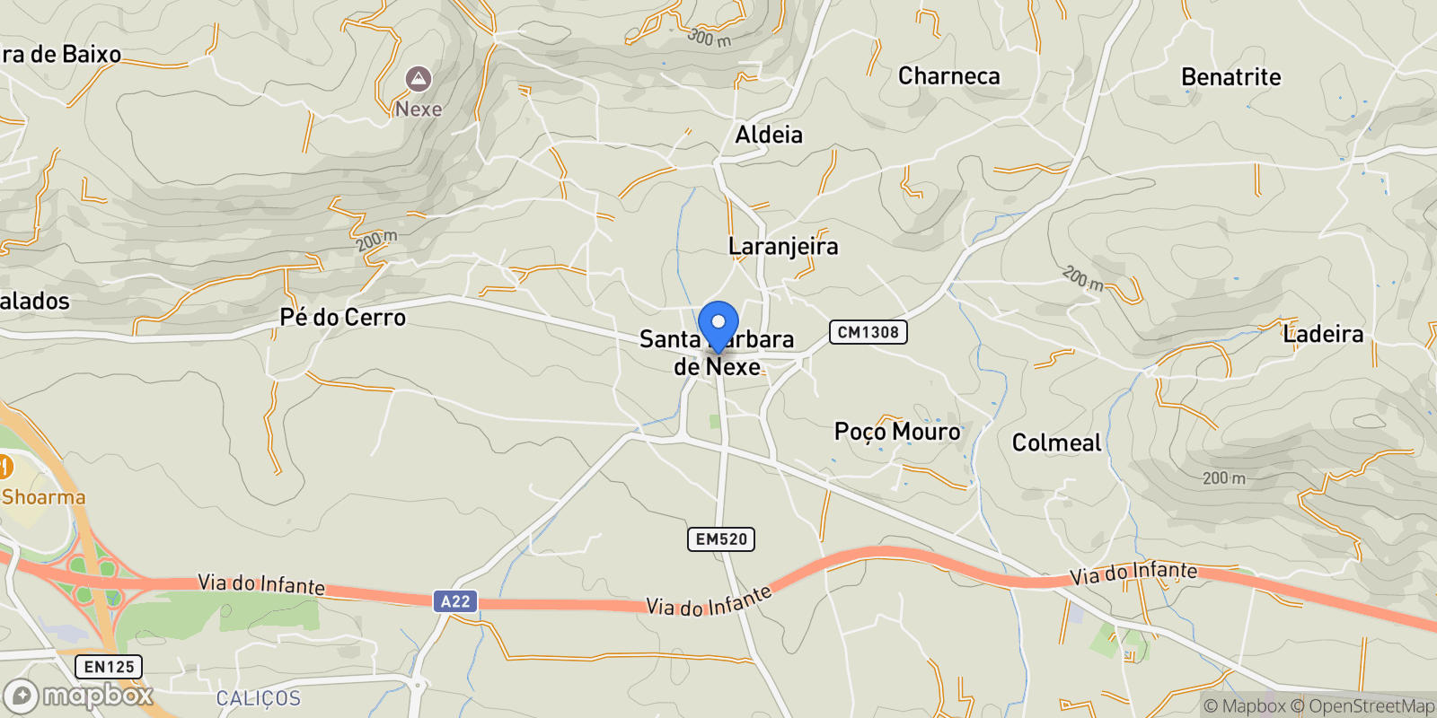 Map showing Santa Bárbara de Nexe, Faro, Faro, Faro, Santa Barbara de Nexe, Algarve, Portugal.
