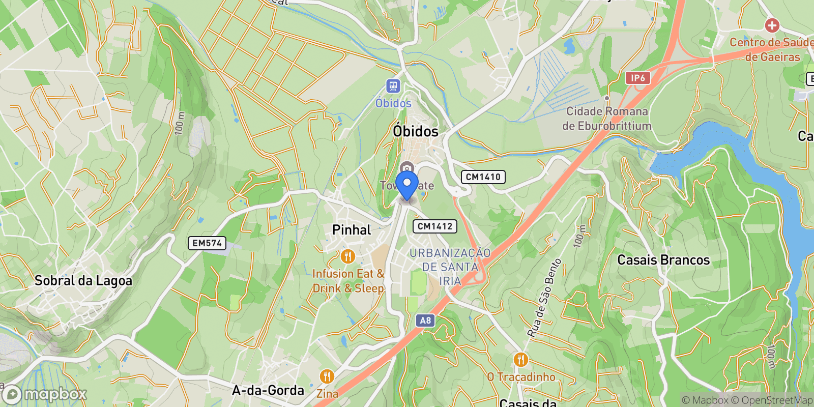 Map showing Amoreira, Óbidos, Leiria, Óbidos, Santa Maria, Sao Pedro e Sobral da Lagoa, Leiria District, Portugal.