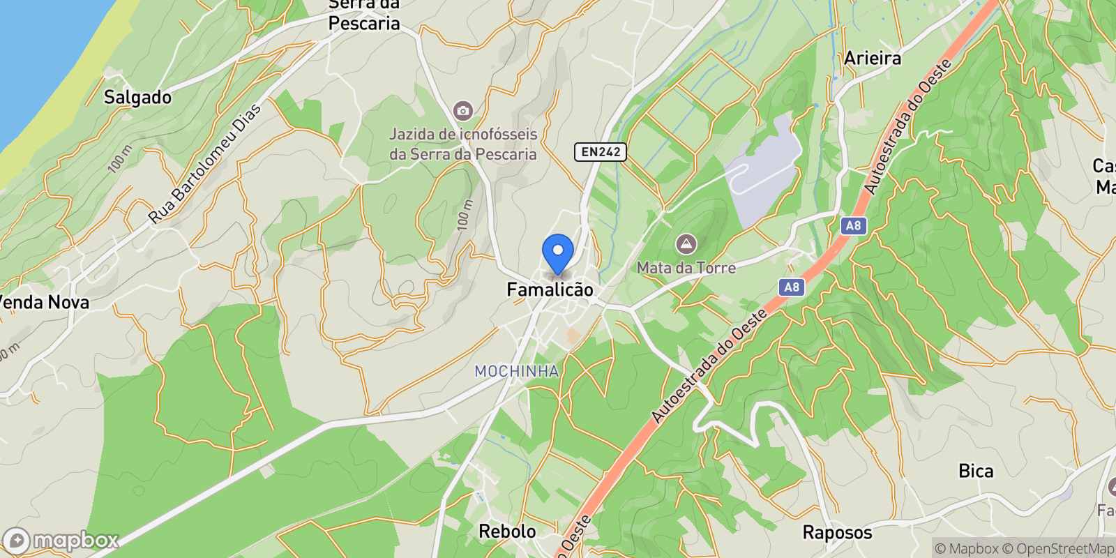 Map showing Famalicão, Nazaré, Leiria, Nazaré, Famalicao, Leiria District, Portugal.
