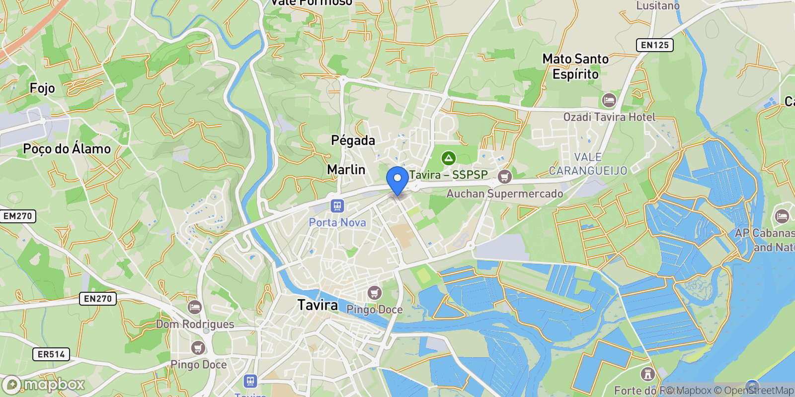 Map showing Tavira (Santa Maria e Santiago), Tavira, Faro, Tavira, Tavira (Santa Maria e Santiago), Algarve, Portugal.