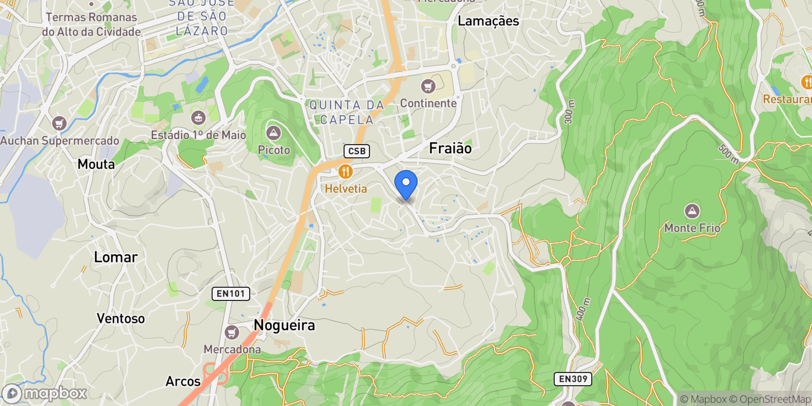 Map showing Nogueira, Fraião e Lamaçães, Braga, Braga, Braga, Nogueira, Fraiao e Lamacaes, Braga, Portugal.